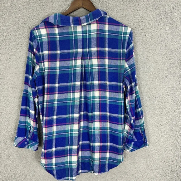 Hester & orchard top womens large blue plaid flannel button up outdoors casual l - Picture 7 of 7